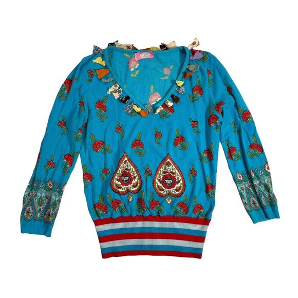 Blumarine Blugirl Vintage Blue Floral‎ Sweater Shirt IT 46 - Picture 1 of 10